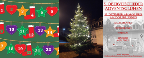 Lebendiger Adventskalender, Weihnachtsbaum vor dem Feuerwehrhaus und Plakat zum Adventsglühen